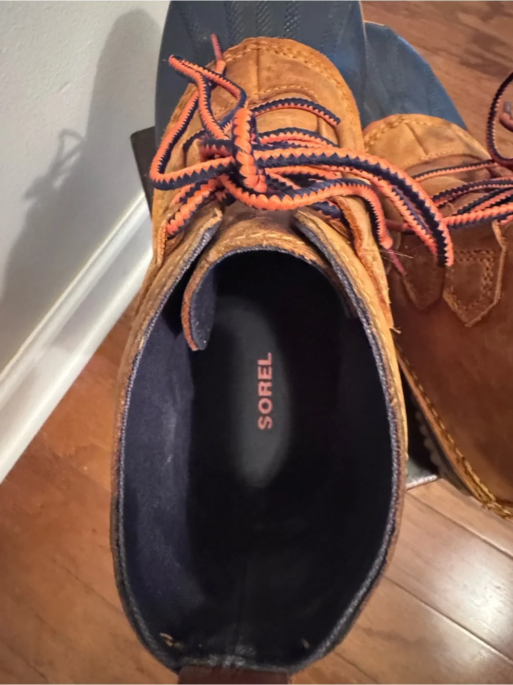 Waterproof Sorel Brown and Navy Lace-Up Rain Duck Boots with Orange Trim